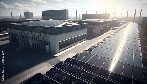 Concept eco green renewable energy for factory. Modern solar panels on the roof of industry manufacturing, sunset light. Generation AI