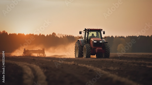 Harvesting with agricultural machinery tractor sunlight. Agriculture industry concept. Generation AI