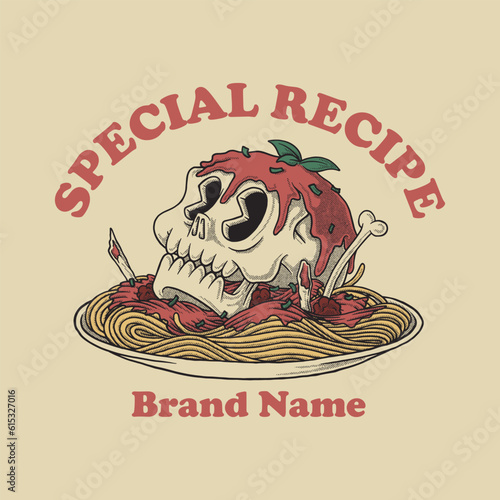 retro cartoon emblem of skull spaghetti
