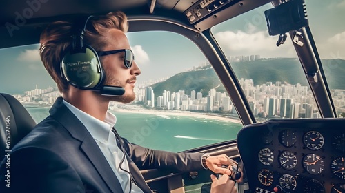 men ride in private helicopter against the backdrop of a metropolitan city