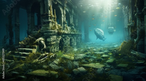 Sunken Memories: An underwater scene with remnants of a submerged city, symbolizing the loss of cultural heritage due to rising sea levels | generative ai © ArtisanSamurai