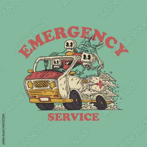 retro cartoon emblem of skull driving an ambulance