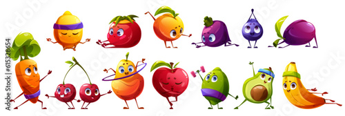 Cute fruit character exercise vector illustration. Funny food healthy yoga workout icon set. Strong lime, zen lemon, pilates berry and stretch beet isolated comic pose nutrition fitness clipart.