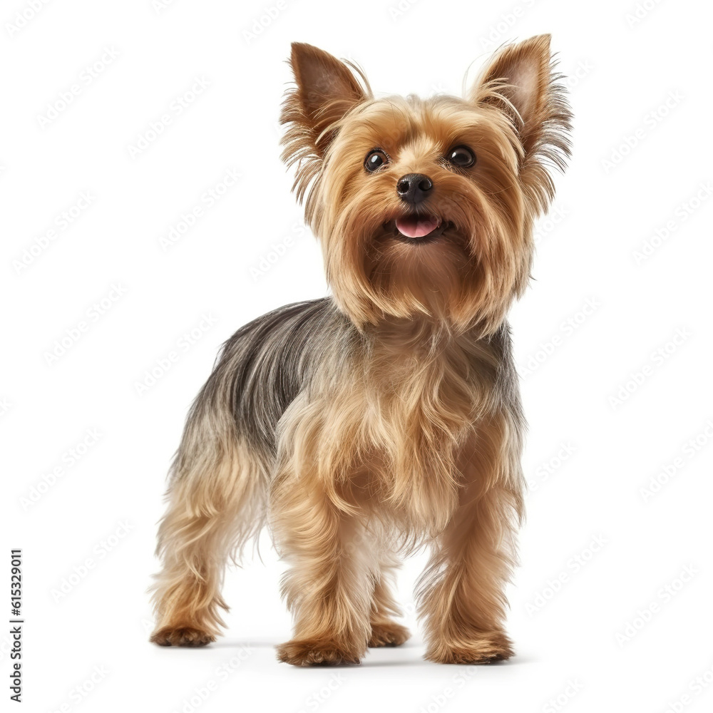 Yorkshire Terrier dog satnding isolated in front of a white background, ai generative. Yorkshire Terrier dog satnding isolated in front of a white background, ai generative.