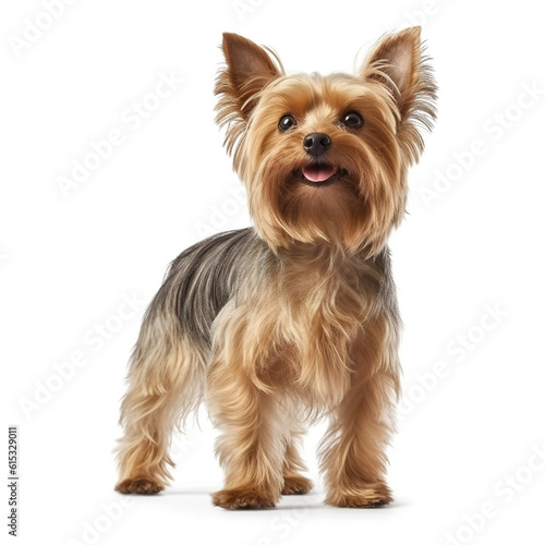 Yorkshire Terrier dog satnding isolated in front of a white background, ai generative.