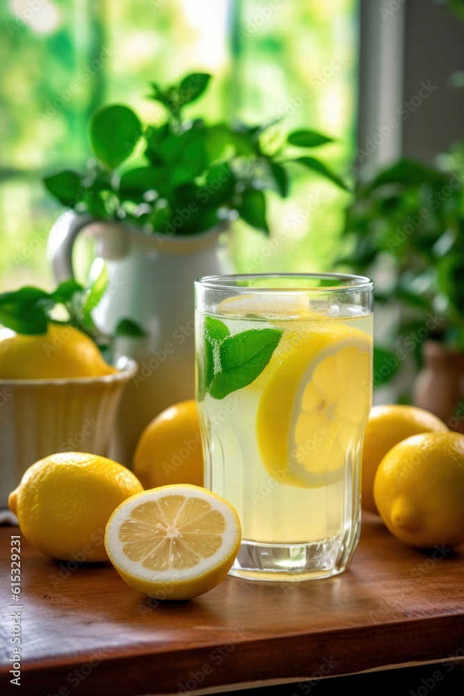 A glass of lemonade or mojito with lemon and mint against a rustic window. Summer refreshing drinks. AI generated. A glass of lemonade or mojito with lemon and mint against a rustic window. Summer refreshing drinks. AI generated.