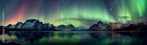 panorama with northern lights in night starry sky with stars over lake and mountains. Generative AI illustration