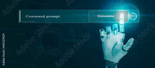 Command prompt for generating something, Futuristic technology transformation, Hands robots touching on big data network connection Global Internet, Artificial Intelligence, technology background photo