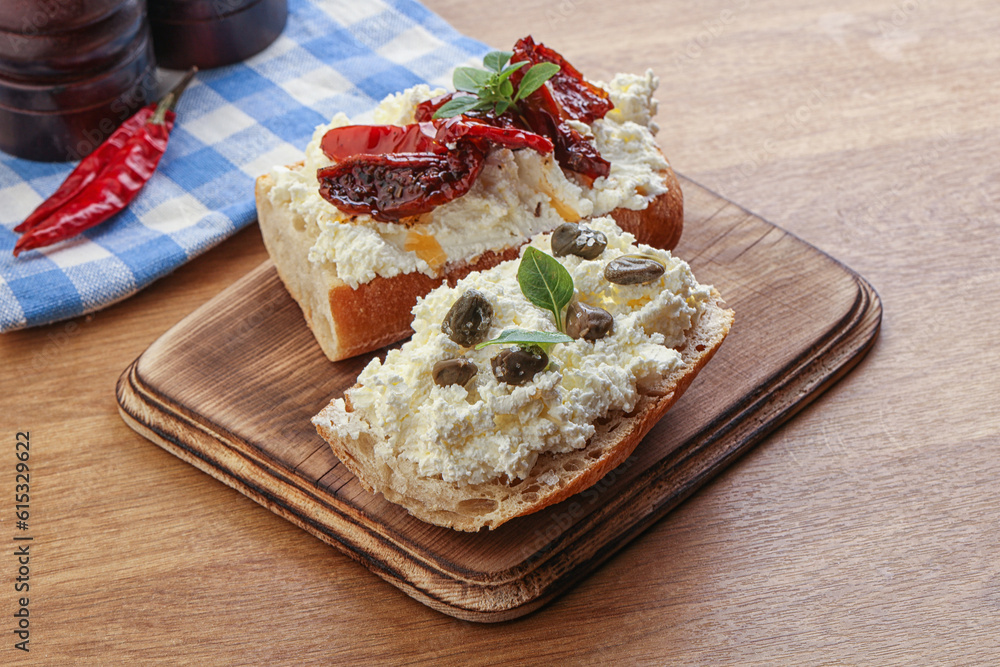 bruschetta with soft cheese capers and tomato