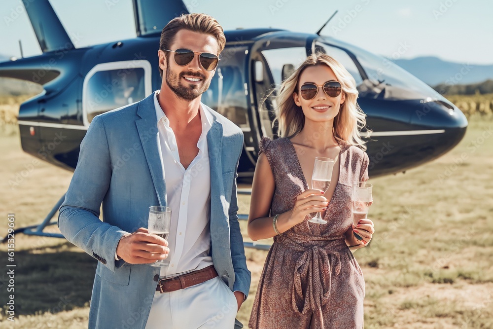 portrait Smiling couple walking outdoors holding a glass of wine. Caucasian man and woman with a drinks walking together with a helicopter in background