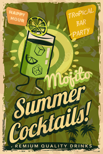 Mojito Cocktail Retro poster. Cocktail lounge vintage sign,
