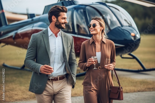 portrait Smiling couple walking outdoors holding a glass of wine. Caucasian man and woman with a drinks walking together with a helicopter in background © Salsabila Ariadina