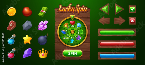 Spin roulette wheel game ui with button vector illustration. Casino fortune lottery interface with random prize. Raffle bonus with rpg props resources to win with chance. Wooden board gambling gaming
