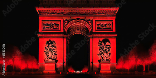 Captivating Arc de Triomphe, majestic Parisian monument commissioned by Napoleon Bonaparte, stunningly illuminated in vivid red light for a truly emotional visual experience. Generative AI photo