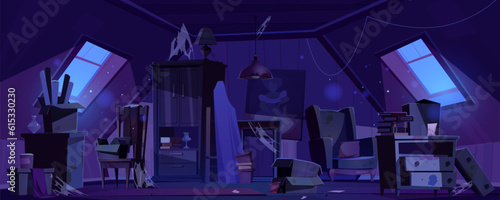 Old abandoned attic house room interior at night cartoon halloween background. Broken and scary garret inside with moonlight beam from window. Dirty home loft with dust, stains on armchair and drawers
