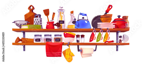 Kitchen shelf with utensil and dish vector set. Kitchenware tool object on hanging shelves interior furniture. Plate, bowl, pan, cutlery and towel accessory at home. Restaurant equipment and appliance