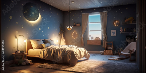 A magical, surreal children's bedroom with a giant moon hanging from the ceiling and a beautiful starry sky painted on the walls. Unlimited reverie for illustrations or design. Generative AI photo