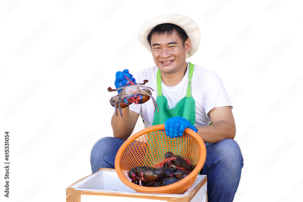 Happy Asian man seafood seller wears white hat, holds basket and shows crabs, isolated on white background. Concept, lifestyle, Occupation. Own bussiness with local products. Happy Asian man seafood seller wears white hat, holds basket and shows crabs, isolated on white background. Concept, lifestyle, Occupation. Own bussiness with local products.