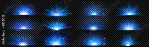Blue explode glow shine and light ray burst vector effect set isolated on transparent background. Magic color flare sparkle energy explosion and shine glitter. Sunlight beam and starlight powder