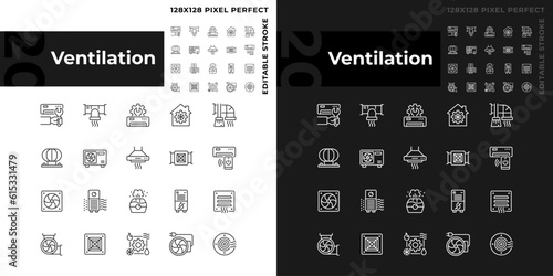 Ventilation linear icons set for dark, light mode. Air condition. Hvac system. Indoor air quality. Heating and cooling. Thin line symbols for night, day theme. Isolated illustrations. Editable stroke