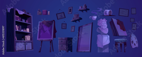 Night art studio room with easel interior paint set. Artist workshop class isolated furniture clipart vector illustration. Drawing school classroom cartoon design with sculpture, frame and books icon