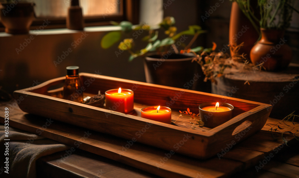 a wooden wooden tray and candle on top of a wooden tub a wooden wooden tray and candle on top of a wooden tub