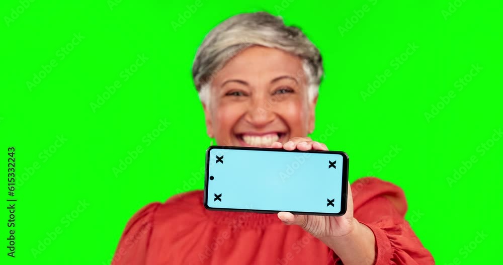 Phone, mockup and hand of a woman on green screen for announcement, advertising or website. Happy mature person with smartphone and tracking markers for ui marketing, internet or network promotion Phone, mockup and hand of a woman on green screen for announcement, advertising or website. Happy mature person with smartphone and tracking markers for ui marketing, internet or network promotion