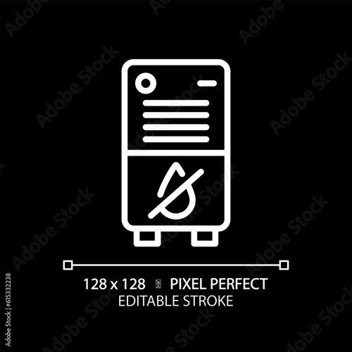 Air dehumidifier white linear icon for dark theme. Portable device. Humidity control. Water removal. House appliance. Thin line illustration. Isolated symbol for night mode. Editable stroke