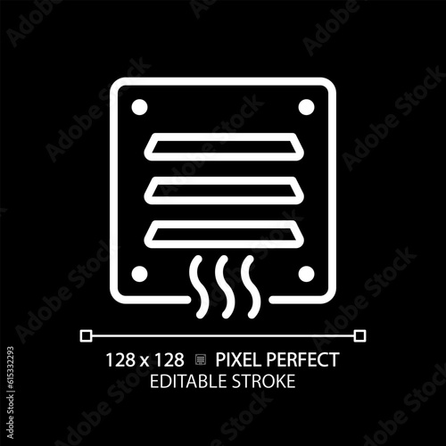 Air vent white linear icon for dark theme. Hvac system. Wall cover. Fresh air delivery. Home ventilation. Room temperature. Thin line illustration. Isolated symbol for night mode. Editable stroke