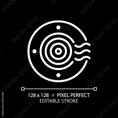 Air outlet white linear icon for dark theme. Hvac system. Climate control. Air conditioning. Home ventilation. Thin line illustration. Isolated symbol for night mode. Editable stroke