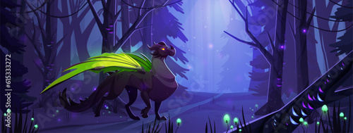 Fantasy dragon on path in magic forest background illustration. Halloween adventure game scene with spooky landscape cartoon wallpaper. beautiful night fairytale story with dark mythical character