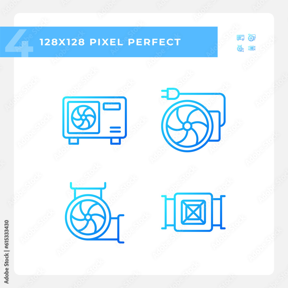 Hvac equipment gradient linear vector icons set. Air condition. Building construction. Temperature control. Thin line contour symbol designs bundle. Isolated outline illustrations collection Hvac equipment gradient linear vector icons set. Air condition. Building construction. Temperature control. Thin line contour symbol designs bundle. Isolated outline illustrations collection