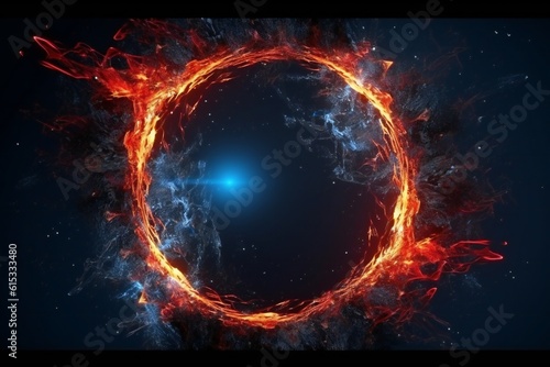 3d circle frame with red and blue fire trails with particles on black background Generative AI