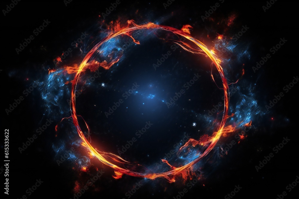 3d circle frame with red and blue fire trails with particles on black background Generative AI 3d circle frame with red and blue fire trails with particles on black background Generative AI