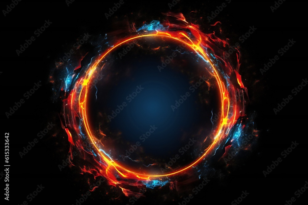 3d circle frame with red and blue fire trails with particles on black background Generative AI 3d circle frame with red and blue fire trails with particles on black background Generative AI