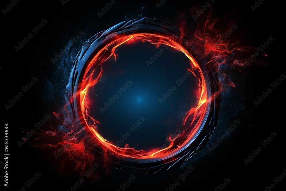 3d circle frame with red and blue fire trails with particles on black background Generative AI 3d circle frame with red and blue fire trails with particles on black background Generative AI