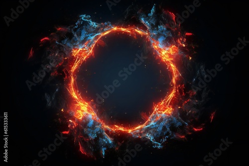 3d circle frame with red and blue fire trails with particles on black background Generative AI