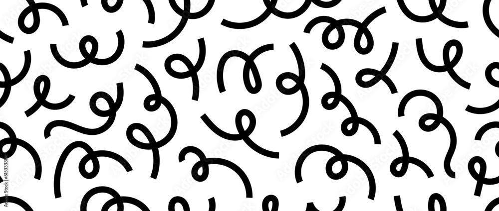 Abstract doodle lines seamless pattern. Black and white serpentine streamer repeating background. Cute childish scribble shapes and curved stripes wallpaper. Vector backdrop 