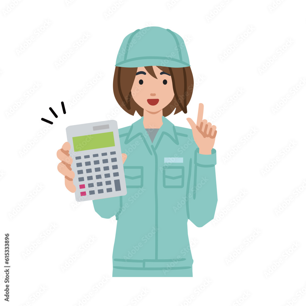 立って電卓を持ってこちらに向けて見せている作業員の女性 立って電卓を持ってこちらに向けて見せている作業員の女性