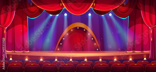 Cartoon theater stage with red curtains, spotlights and rows of empty seats. Vector illustration of concert hall interior, wooden scene with velvet drapes illuminated with floodlights. Night show
