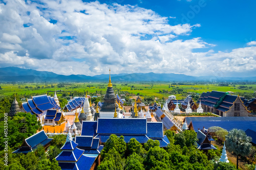 Top-view aerial photo from the drone of Wat Ban Den temple or Wat Den Sa Lee Sri Muang Gan at Chiang Mai, Thailand