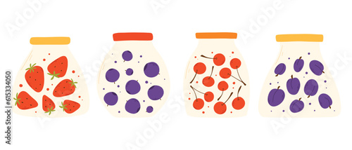 A set of jars with homemade jam. Vector illustration in a flat style. Hand drawn homemade fruit marmalade. Collection of fruit jam cherry, plum, blueberry, strawberry.