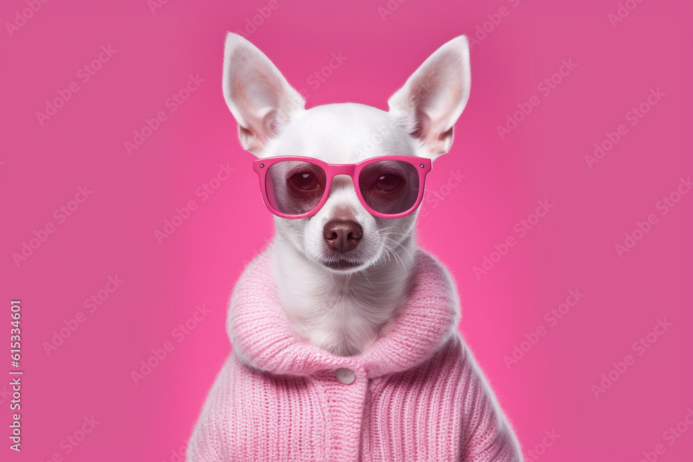 Adorable and amusing chihuahua dog sporting stylish sunglasses against a vibrant pink backdrop, radiating charm and playfulness in this delightful scene. Ai generated Adorable and amusing chihuahua dog sporting stylish sunglasses against a vibrant pink backdrop, radiating charm and playfulness in this delightful scene. Ai generated