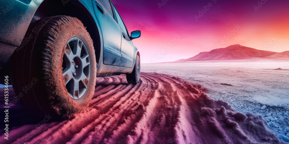 Stunning 4x4 tires on snowy terrain, capturing the spirit of cold-weather adventure, exploration, and tire quality under colorful sunset light – emotionally impactful. Generative AI