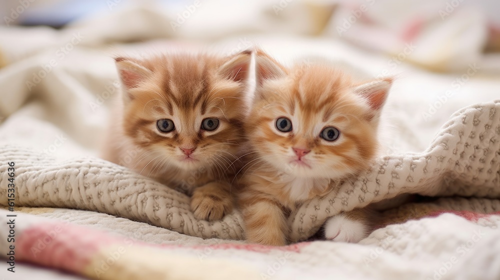 Cute kittens on a blanket on bed. Generative AI