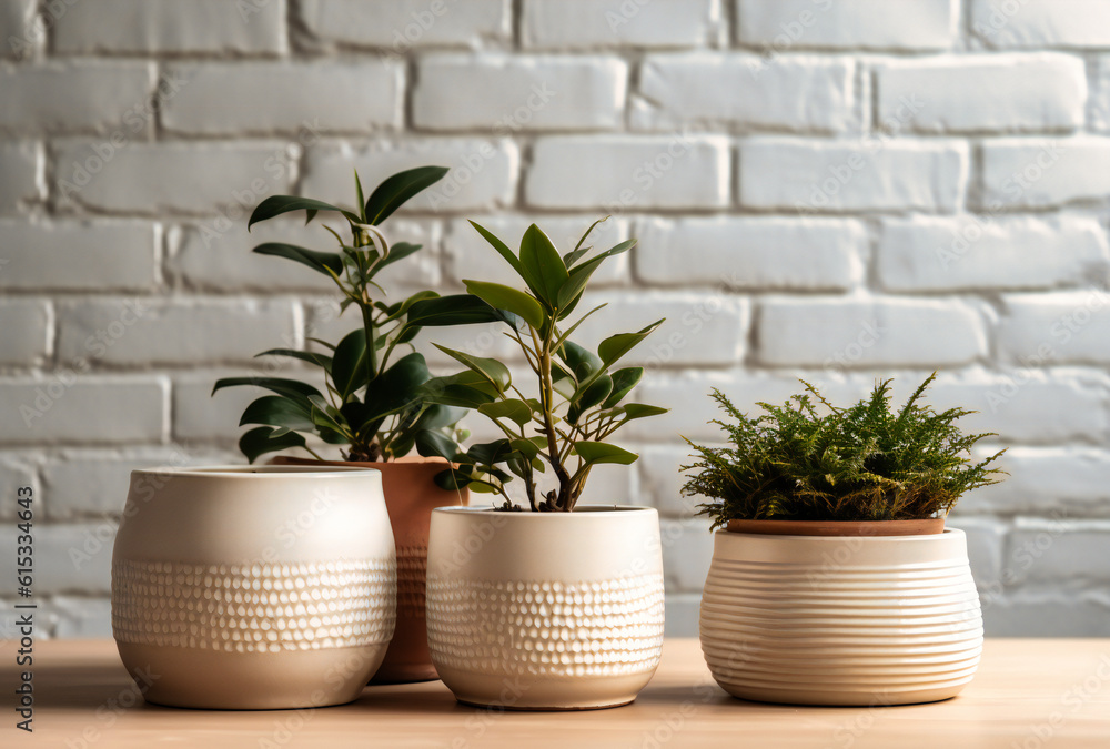 three potted plants on a table near a white brick wall three potted plants on a table near a white brick wall