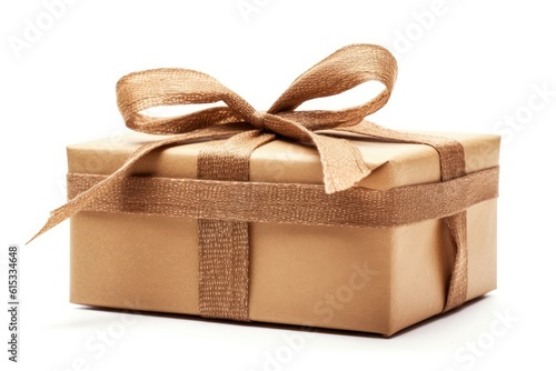 Gift box wrapped in kraft paper with bow isolated on white. Generative AI