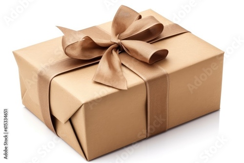 Gift box wrapped in kraft paper with bow isolated on white. Generative AI