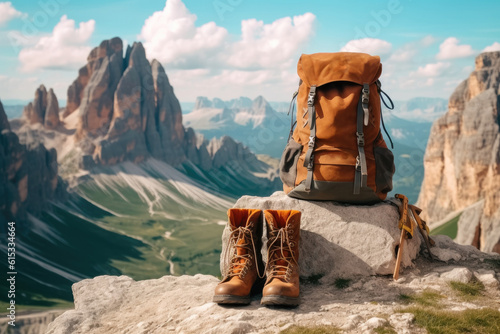 Tourist equipment. Backpack and boots in the mountains, Dolomites. Generative AI