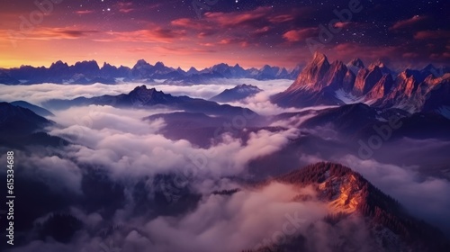 Landscape with alpine mountain valley and starry sky  Dolomites  Italy. Generative AI